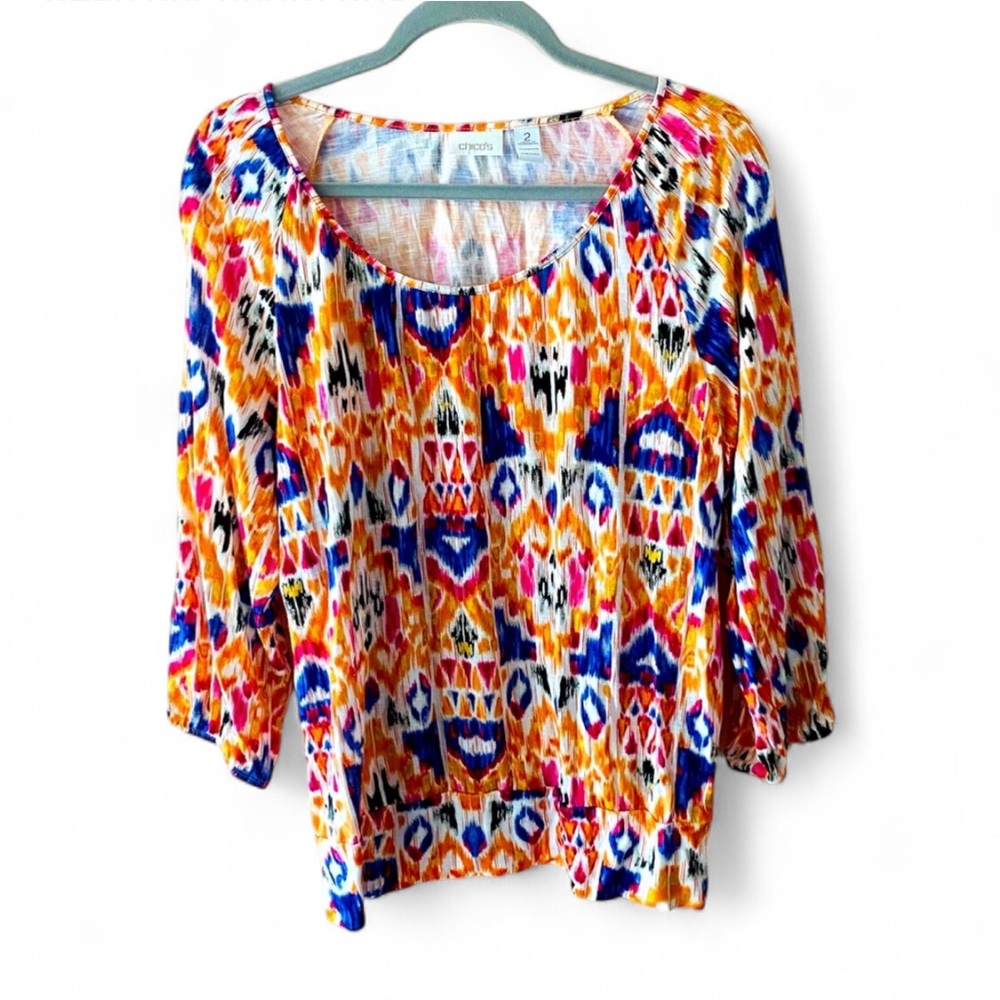 CHICO’S TRIBAL RENDITION MULTI COLORED 3/4 SLEEVE BLOUSE SIZE 2 LARGE BOHO